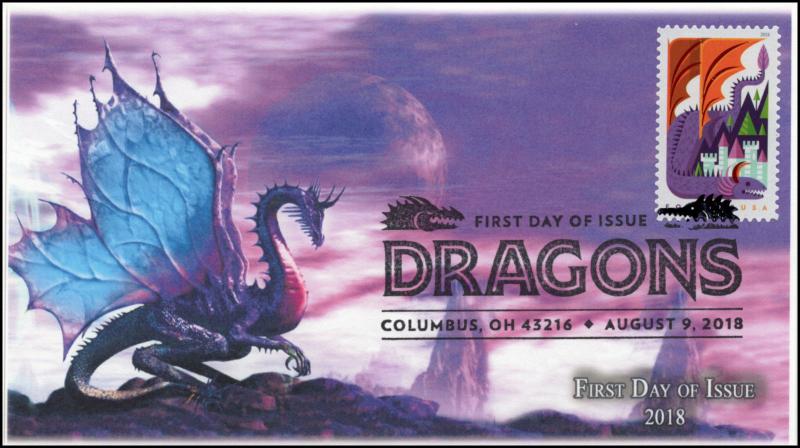 18-173, 2018, Dragons, First Day Cover, Pictorial Postmark, Purple Dragon