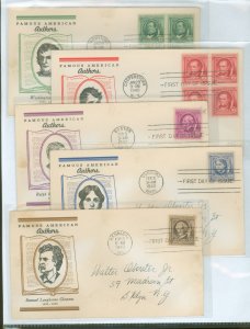 US 859-863 1940 authors, famous american series, set of 5 franking 5 addressed fdcs with matching linprint cachets