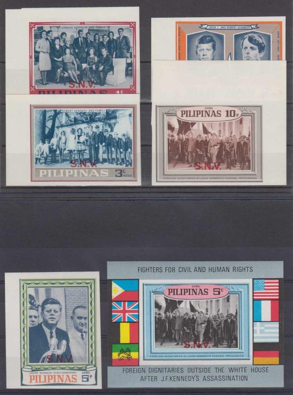 PHILIPPINES 1968 J. F. KENNEDY UNISSUED 5 IMPERF SINGLES & SVNR SHEET OVPT SNV