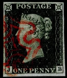 SG2, 1d black PLATE 2, FINE USED. Cat £400. RED MX. 4 MARGINS. JB