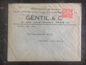 1929 Paris France Commercial Cover Perfin Stamp Gentil & C Supplies To Saverne