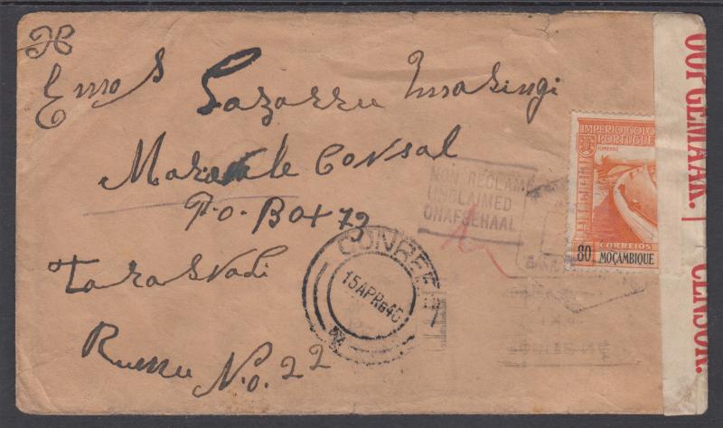 Mozambique Sc 281 on 1940 Censored Cover, Unclaimed handstamp