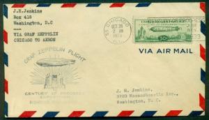 US 1933 50¢ Zeppelin (C18) tied on CHICAGO to AKRON (bkstp) Flight cover