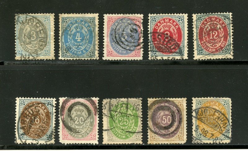 Denmark #25-34 (DE026) Comp 1875-9 numerals, Perf 14 x 13 1/2, U,F,CV$269.00