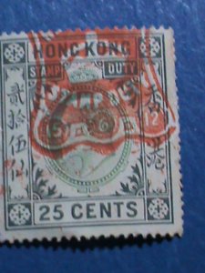 ​HONG KONG-CHINA-1903 OVER 118 YEARS OLD-HONG KONG $0.25C DUTY STAMPS VF