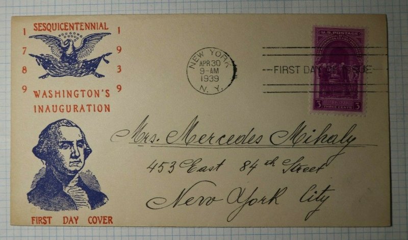 US FDC Sc# 854 Central Stamp Co Cachet NY NY 1939 Washingtons Inaugaration 