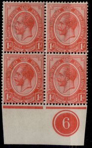 SOUTH AFRICA GV SG4, 1d rose-red, NH MINT. plate 6 corner block of 4