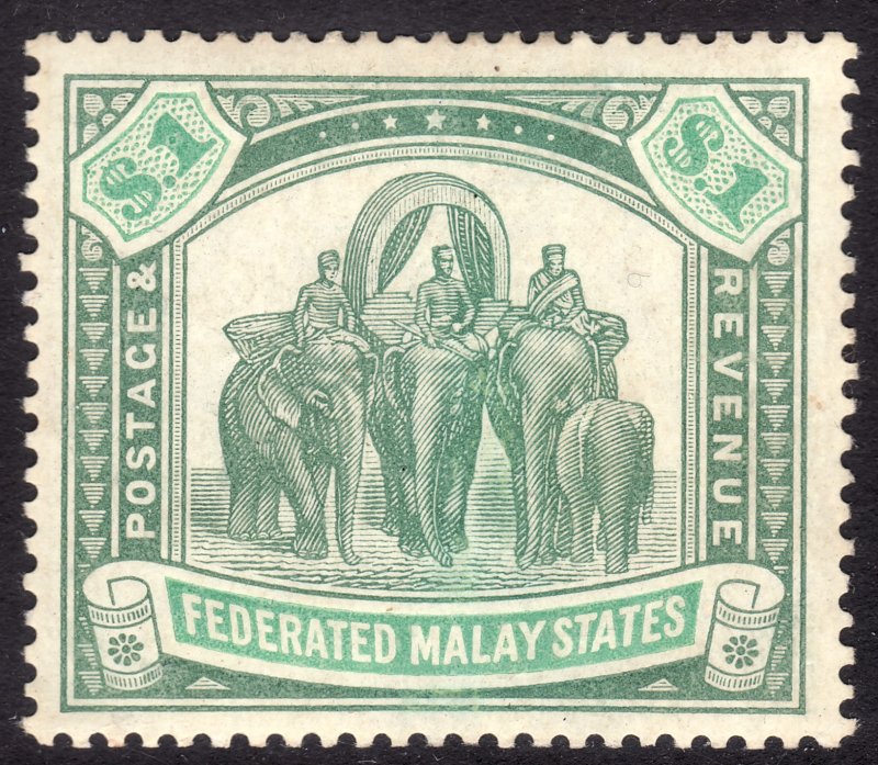 1907 Malaya $1.00 Elephant & Howdah MLMH Sc# 34 CV: $110.00 Wmk 3