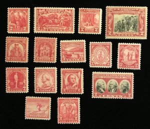 2 Cent Reds, set of 15, MNH, F/VF, 1927 to 1932