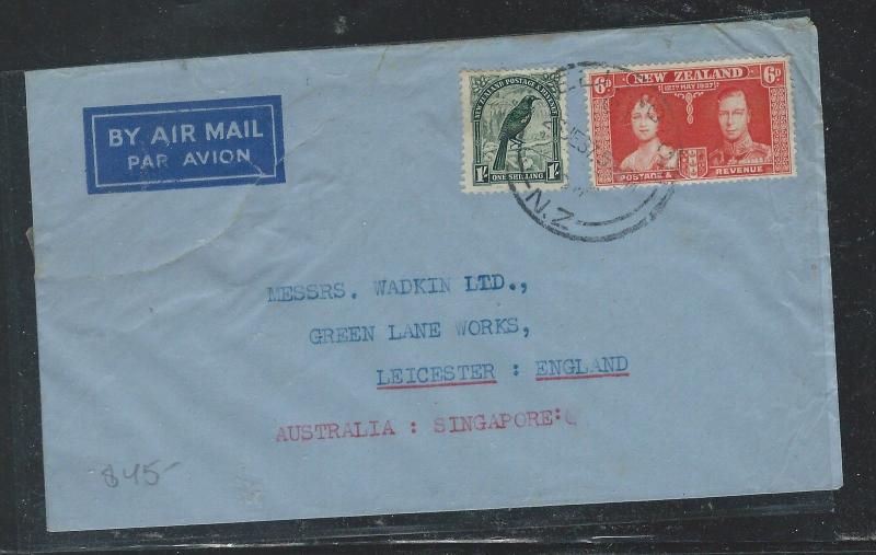 NEW ZEALAND (P0110B) KGVI 6D CORONATION+1/- LYRE BIRD A/M VIA SINGAPORE TO UK