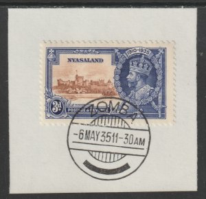 NYASALAND  1935 KG5 SILVER JUBILEE  3d on piece with MADAME JOSEPH  POSTMARK