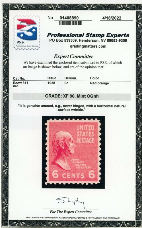 US Stamp #811 John Quincy Adams 6c - PSE Cert - XF 90 - MNH - SMQ $12.00 