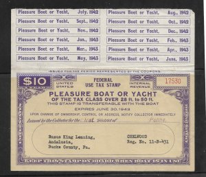 1942-43 $10 Special Tax Stamp, Pleasure Boat or Yacht 28 to 50 Foot (56700)