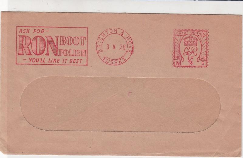 England 1938 RON Boot Polish Slogan Brighton Cancel Meter Mail Cover Ref 31826