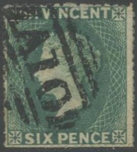 ST. VINCENT Sc#14a 1871 6p Deep Green Wmk Sideways Rough Perf 14-16 Used (ab)