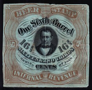 US REA38e var 16 2/3c 1878 Beer Tax Revenue Stamp Used SCV $250