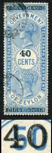 Ceylon Telegraphs SGT45a 40c on 50c Blue Double Surcharge