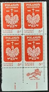 US Scott # 1313; MNH,og 5c Poland's Mill. issue ,1966; blk of 4; Fine