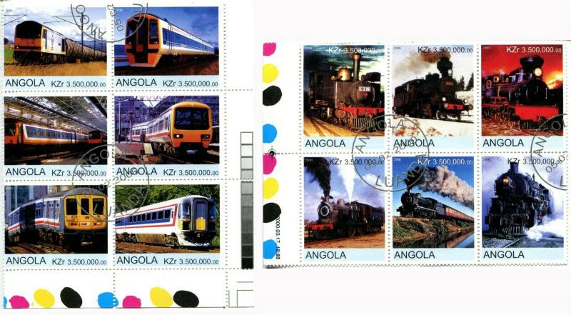 ANGOLA Trains 2 Blocks of 6 Cinderella Stamps Transportation Steam Locomotives