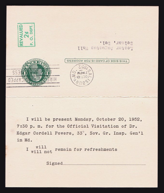 US REPLY CARD ENTIRE REVALUED SCOTT #UY14 (PM4 + PR4) 1951 PREPRINTED MASONIC