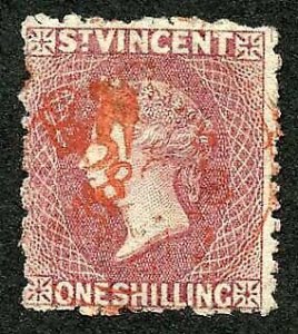 St Vincent SG21 1/- Claret Perf 11-12.5 x 15 Wmk Star S/ways Cat 250 pounds