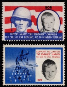 1940's US Poster Stamp WW II AMVETS Support War Orphans Set/2 Unused