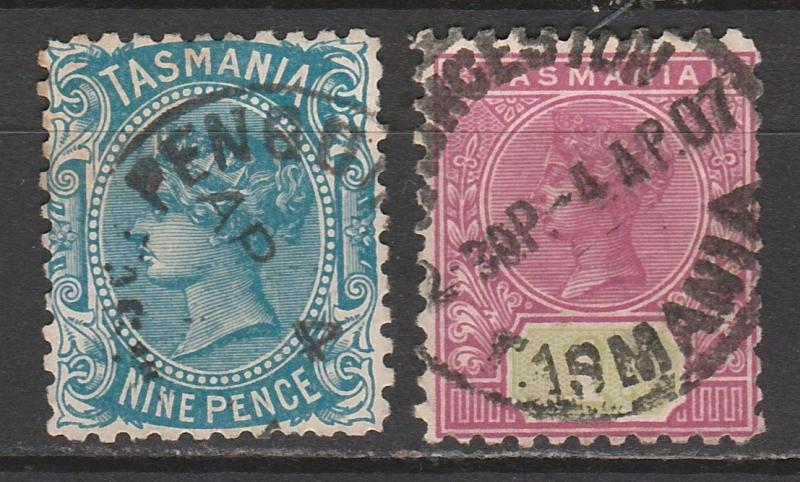 TASMANIA 1903 QV SET 9D AND 1/- WMK V/CROWN PERF 11 USED 