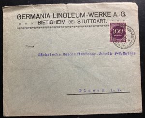 1923 Bietigheim Germany Commercial Inflation Rate Cover To Plauen