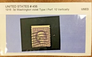 US 456 3c Washington Used F-VF SCV $170 issued in 1916 