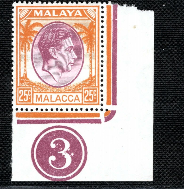 Malaya MALACCA KGVI Stamp 25c Plate Number 3 Mint UM MNH Corner Marginal LBLUE77