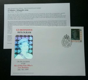 *FREE SHIP Isle Of Man Definitive £5 Queen 1994 (FDC) *Hologram *unusual