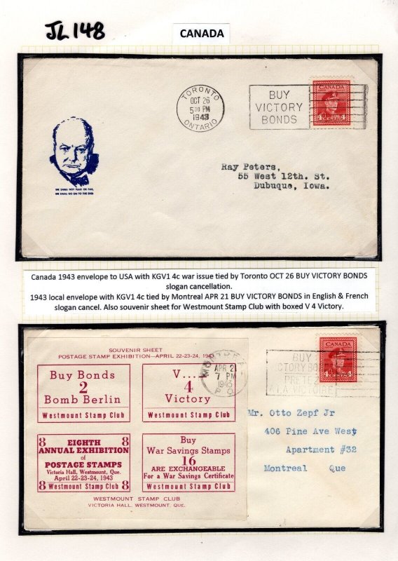 CANADA WW2 Covers{2} *V FOR VICTORY* Bonds Slogan & LABELS 1943 Churchill JL148