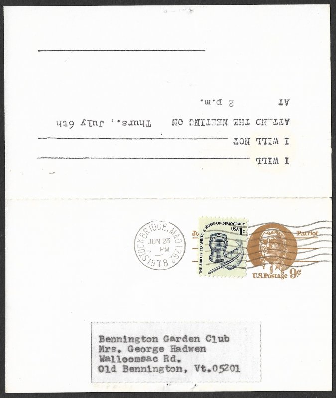 USA 1975-78 Uprated 9c+9c John Witherspoon Reply Card Sc UY26 Used