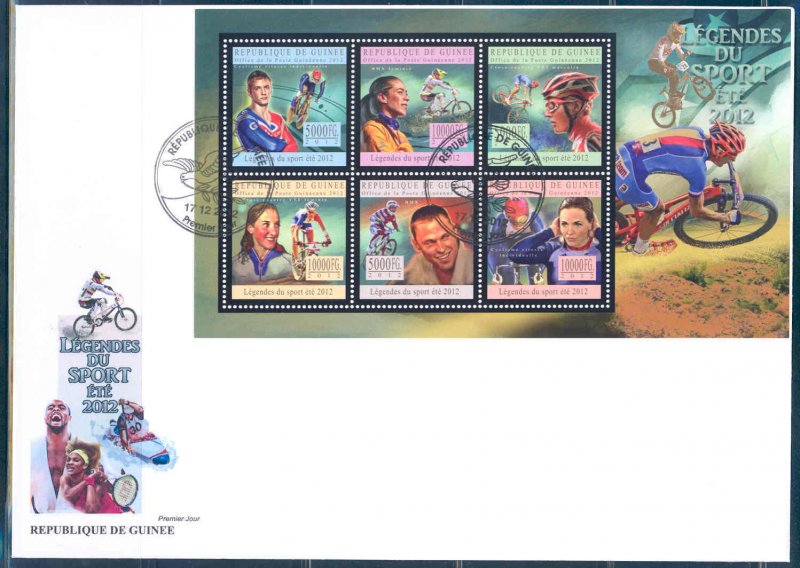 GUINEA 2012 SPORTS BIKING CHAMPIONS SHEET OF SIX STAMPS FDC