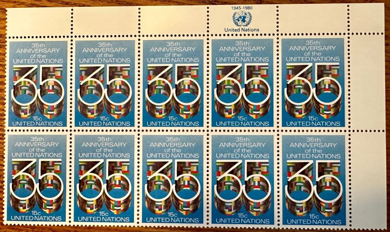 UN New York  # 322 35th Anniversary Inscription block of 10 1980 Mint NH
