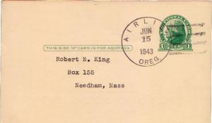 United States Oregon Airlie 1943 4f-bar  1885-1943  Postal card  Philatelic.