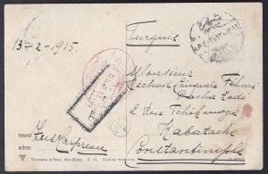 TURKEY NETHERLANDS 1916 WWI POST CARD IJZENDIJKE TO GALATA VIA ISTANBUL RED OVAL