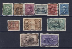 Canada OHMS Perfin WW2 Stamps; G249 to 257, 259 - 260