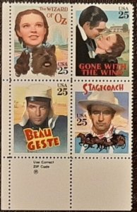 US Scott # 2445-2448; 25c Classic Films, 1990; MNH, og; Block of 4