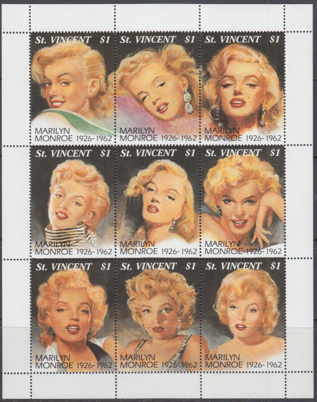 ST VINCENT Sc # 2055a-i MNH SHEET of 9 DIFF PORTRAITS of MARILYN MONROE