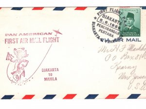 INDONESIA Air Mail 1959 Cover *PAN-AM* FIRST FLIGHT PHILIPPINES Manila MA1074