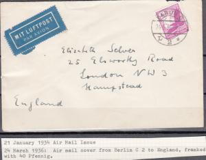 Germany - 24.3.1936 40pf Eagle as single franking on cover to  England (1569)