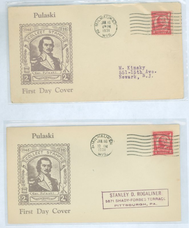 US 690 1931 2c General Pulaski Commemorative (single) on an addressed FDC with a Roessler cachet and two cancels Milwaukee2 an