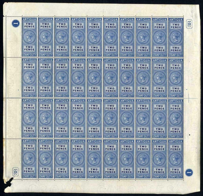 Antigua 1870 2d Stamp Duty Sheet of 40