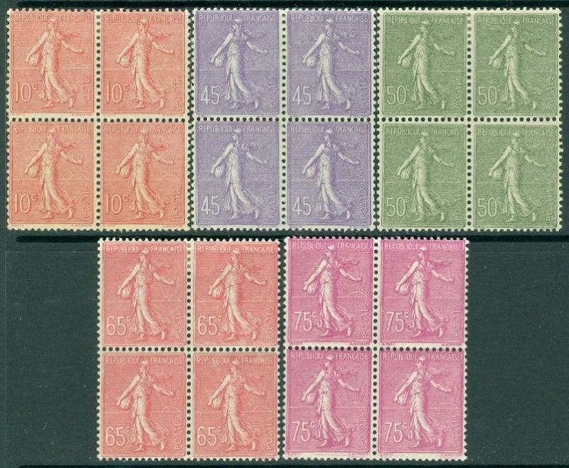 EDW1949SELL : FRANCE 1903-38 Scott #138//51. 5 Diff values Blks of 4 Cat $114.00