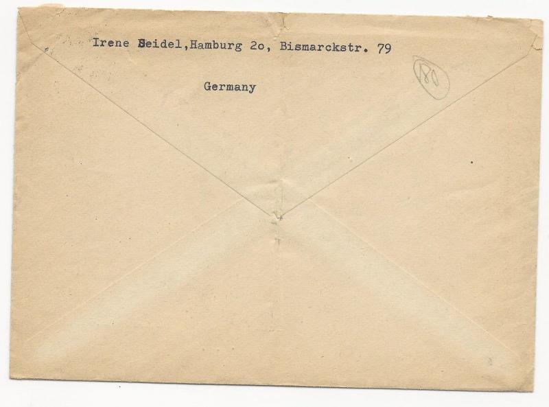 Germany Scott #683 on Air Mail Cover Hamburg October 31, 1953