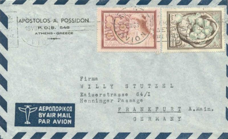 Greece 500D Oranges and 2000D Figs 1953 Athinai, Avion Airmail to Frankfurt, ...