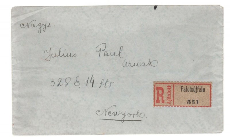 1926 Palotaujfalu Hungary registered  Cover to USA