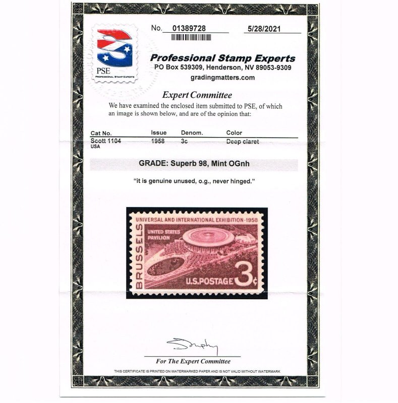 EXCEPTIONAL GENUINE SCOTT #1094 MINT PRISTINE OG NH PSE CERT GRADED SUPERB-98
