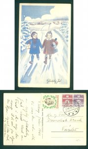 Denmark. 1942 Christmas Card, Seal + 5+10 Ore. V. Sottrup. 2 Girls With Gifts.